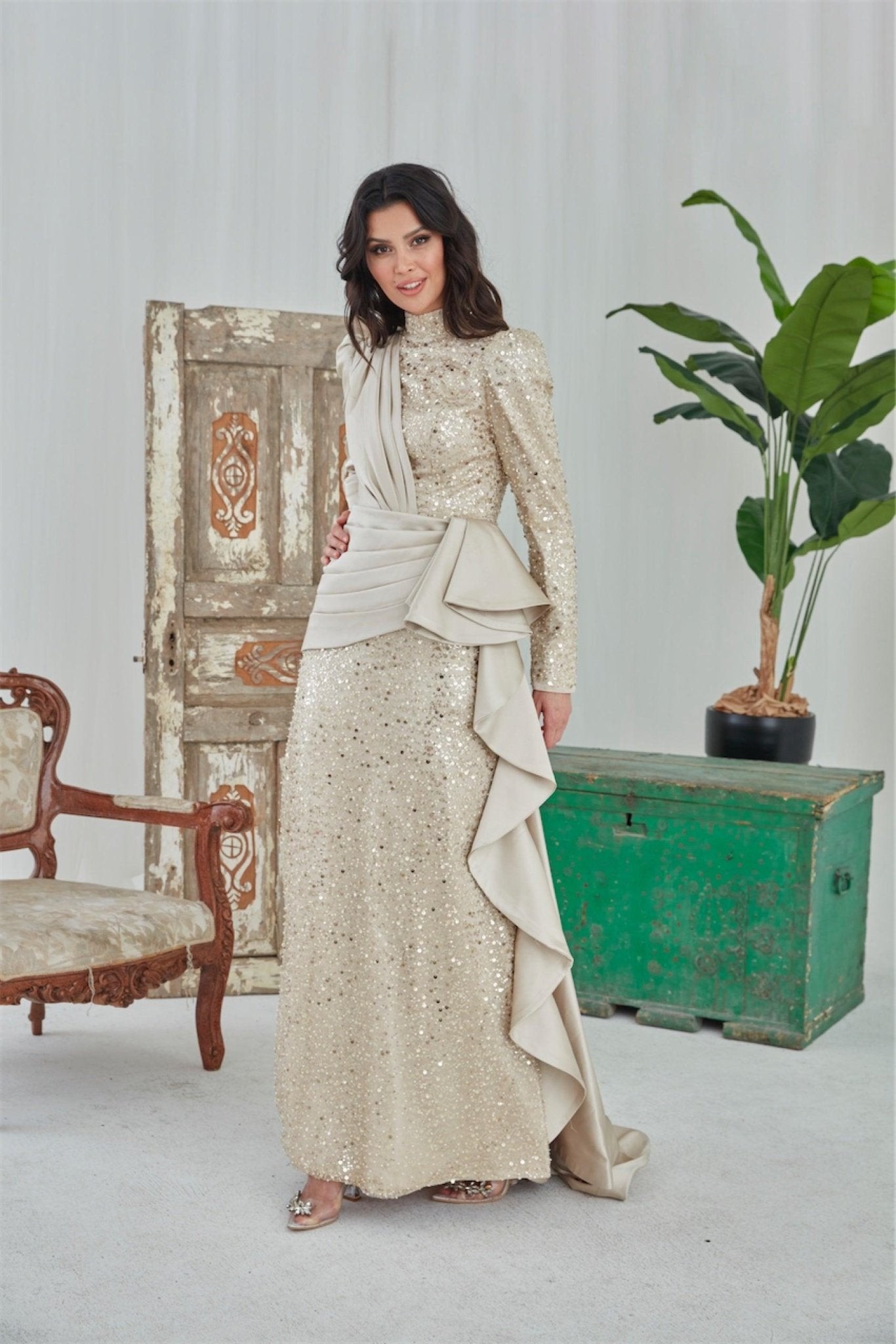 Damla Hijab Abendkleid – Creme