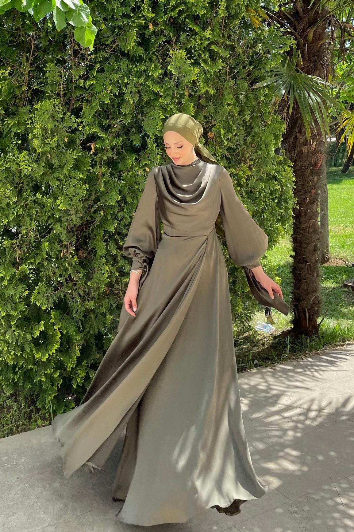 Elvira Hijab Evening Dress - Khaki