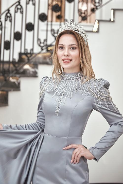 Zehra Hijab Evening Dress - Gray