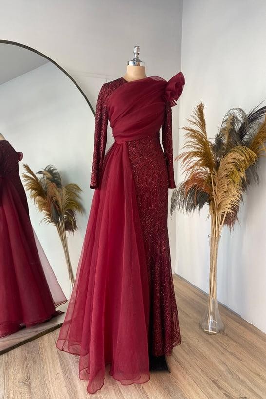 Fiona Hijab Evening Dress - Claret Red