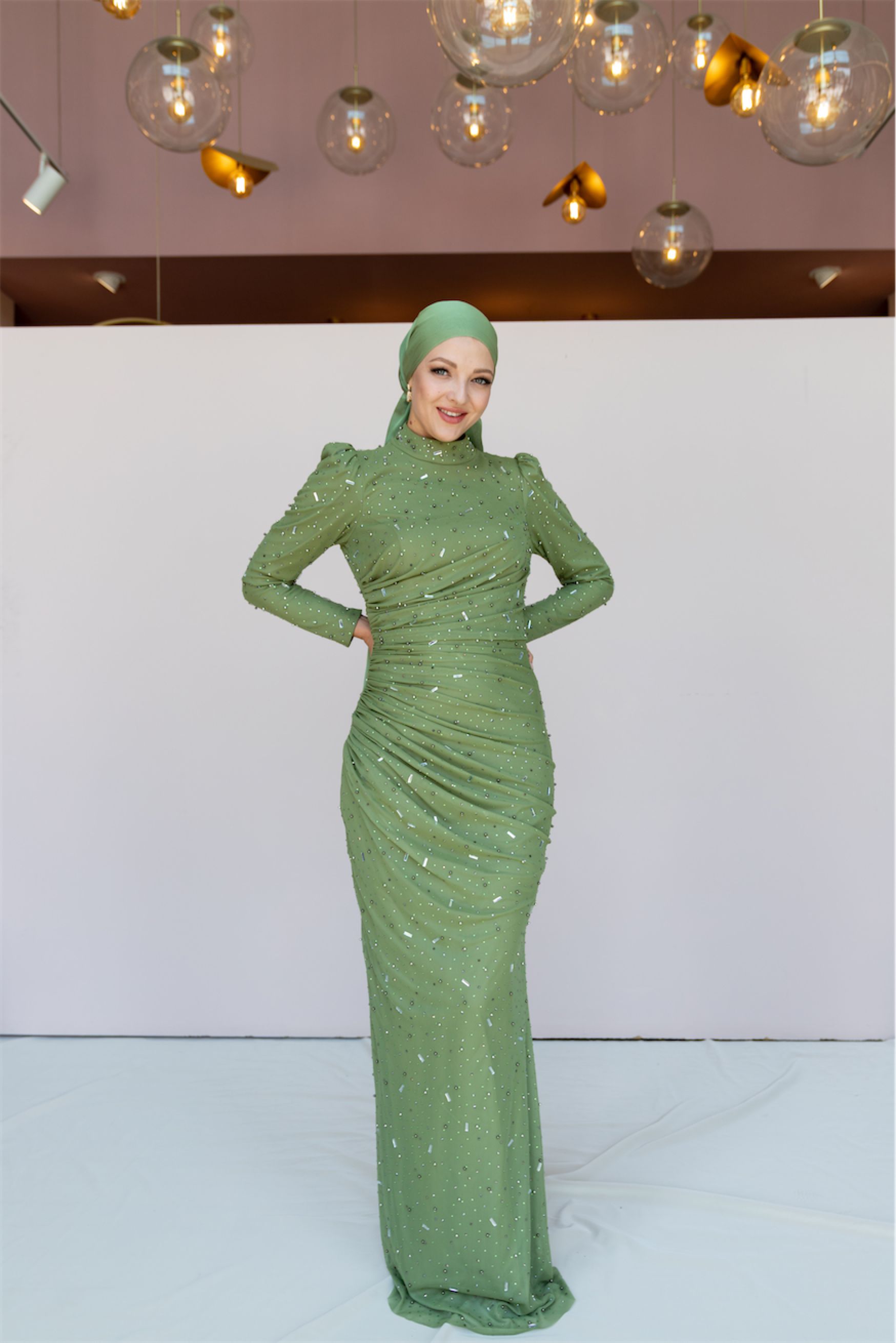 Stone Hijab Evening Dress - Black - Green