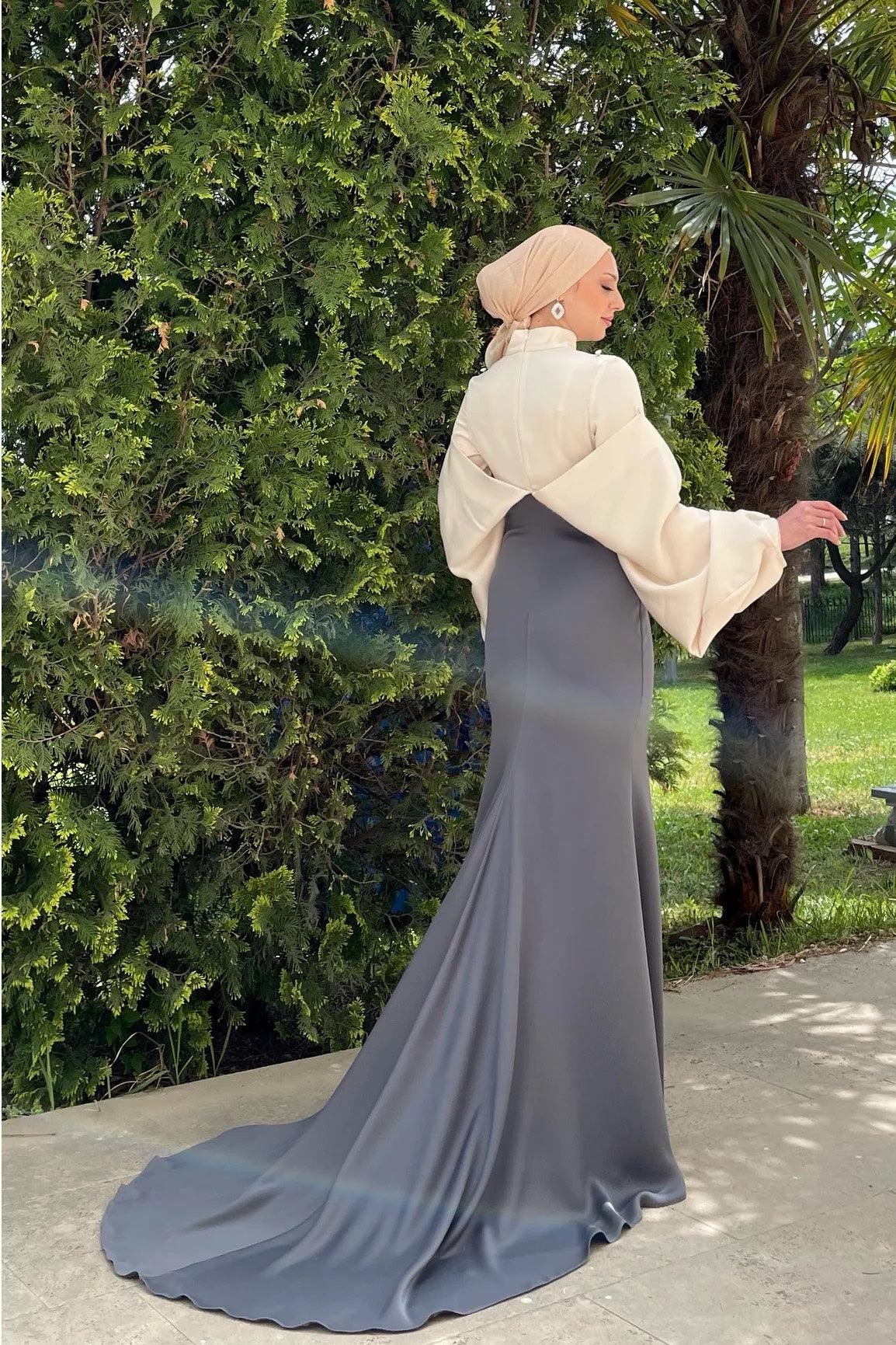 Serra Hijab Evening Dress - Cream & Anthracite