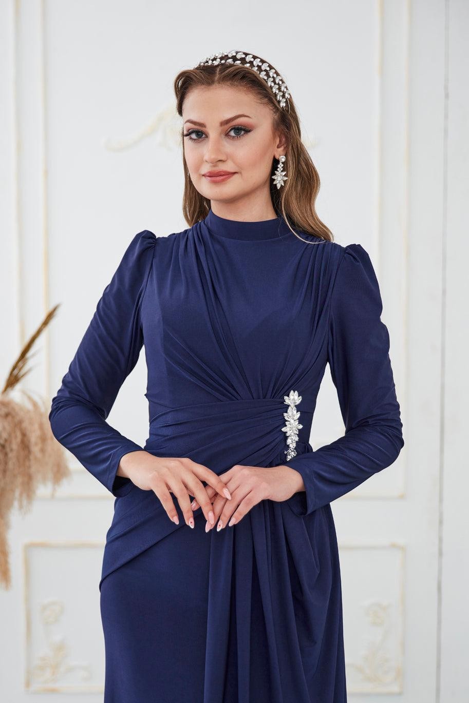 Simay Hijab Evening Dress - Navy Blue