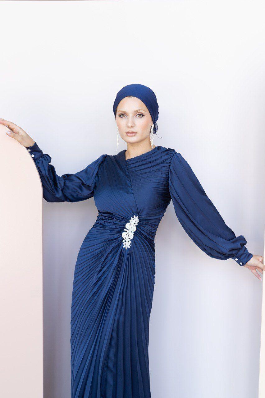 Pilise Hijab Evening Dress with Stone Waist - Navy Blue