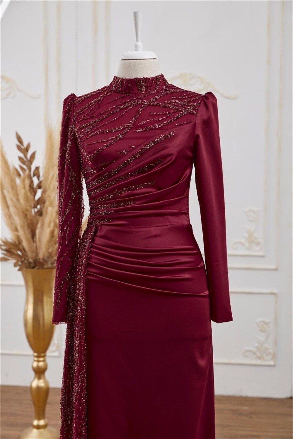 Güneş Hijab Evening Dress - Claret Red