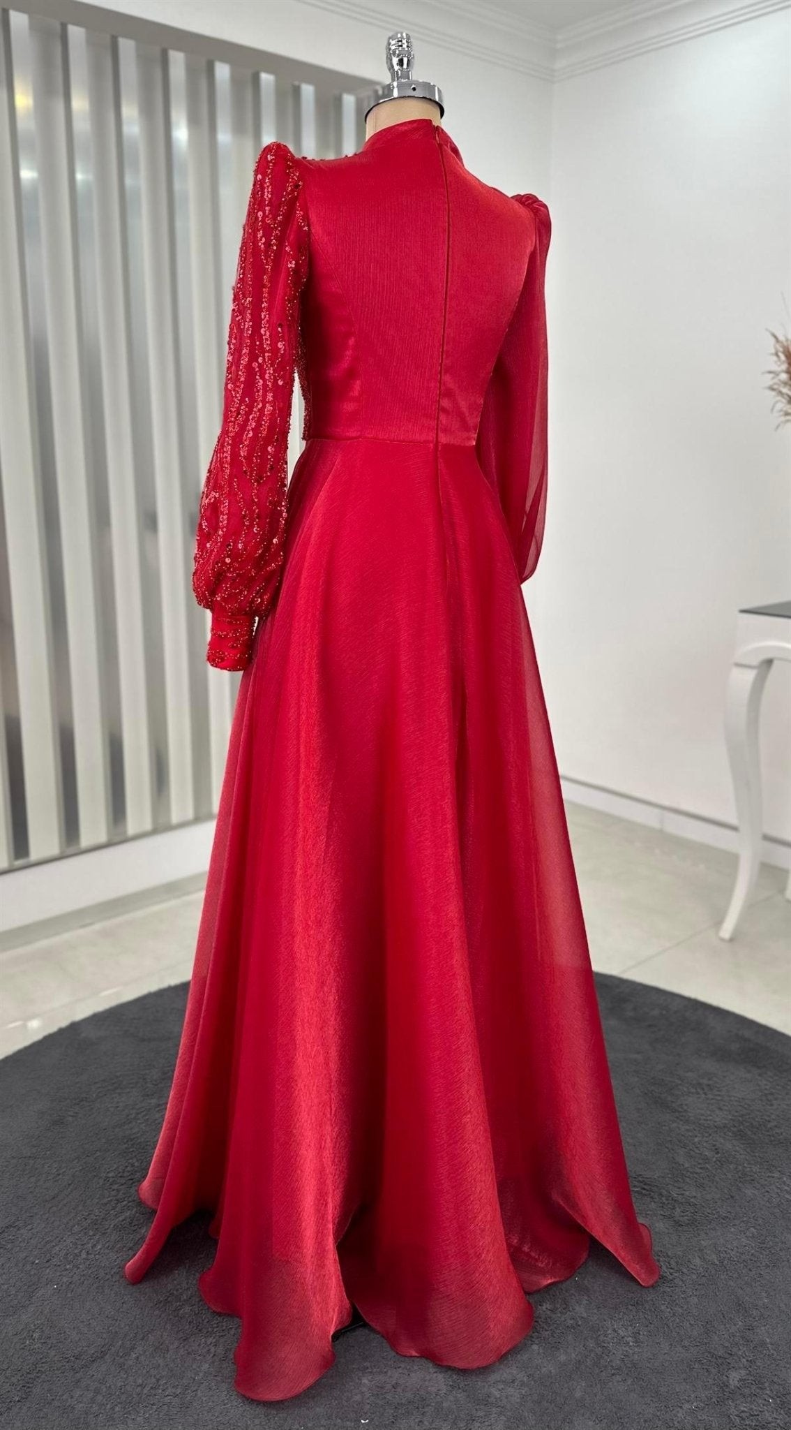 Organza Beaded Lace Embroidered Sun Hijab Evening Dress Red