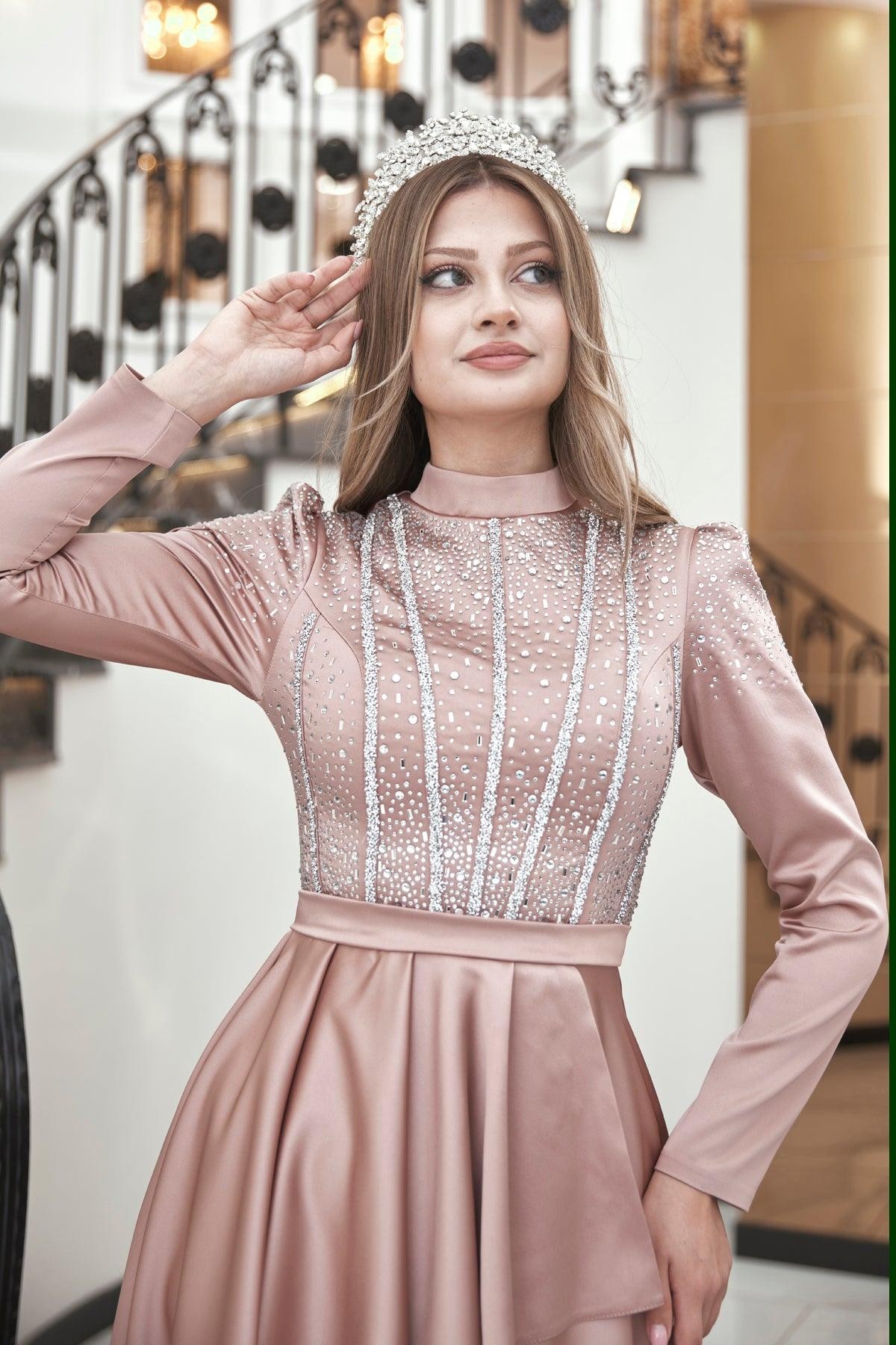 Fiona Hijab Evening Dress - Powder