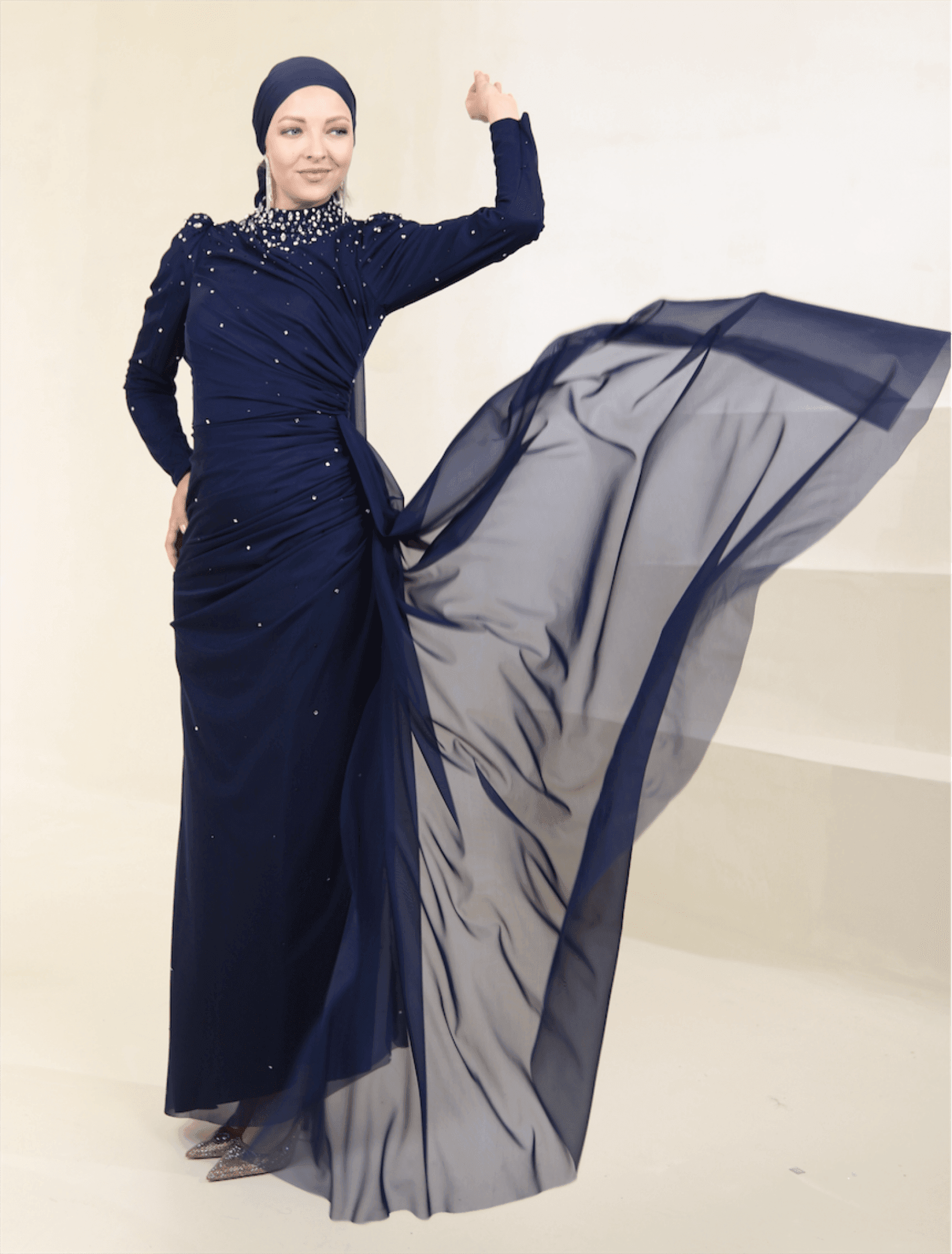 Stoneart Hijab Evening Dress - Navy Blue