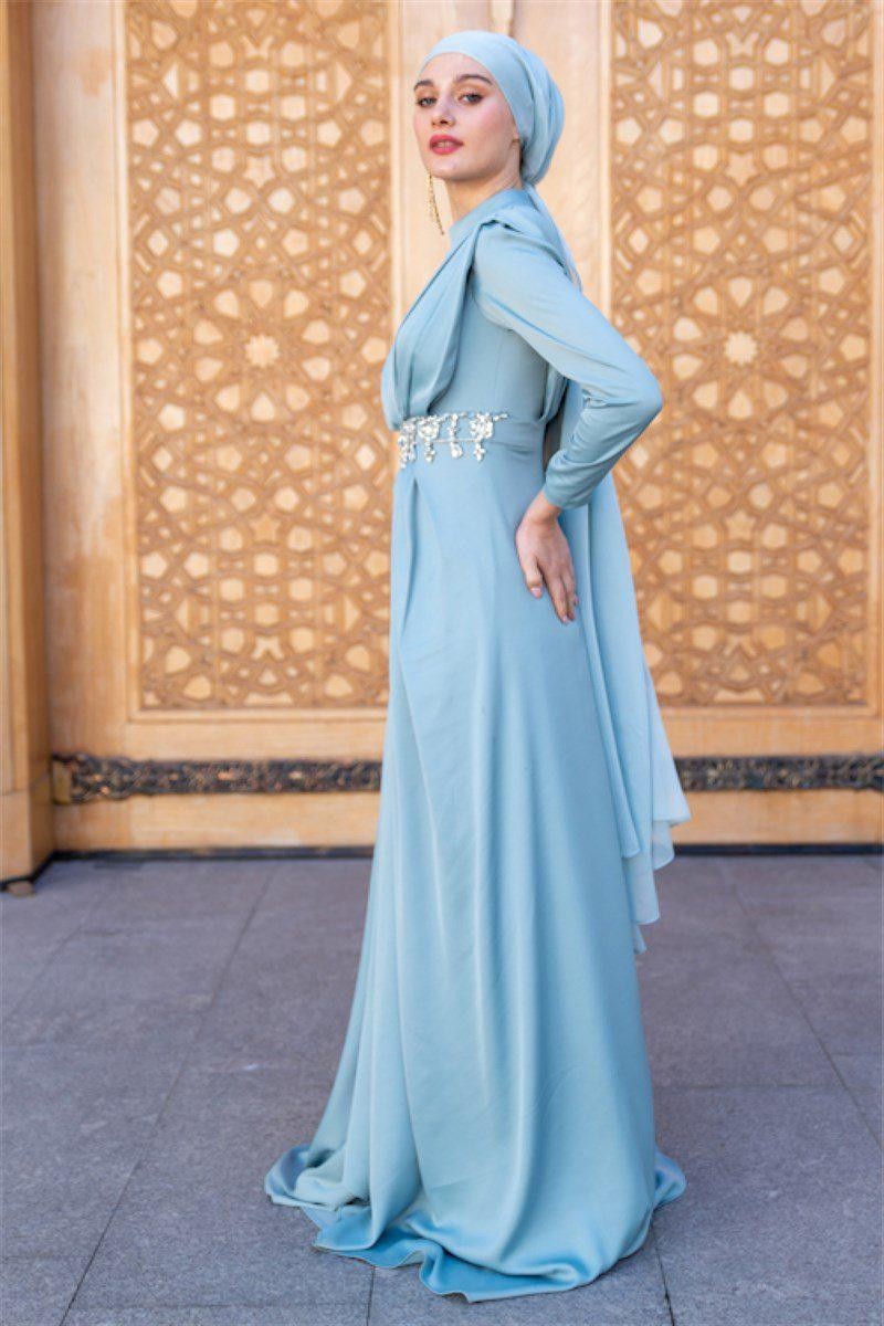 Stone Waist Hijab Evening Dress - Mint