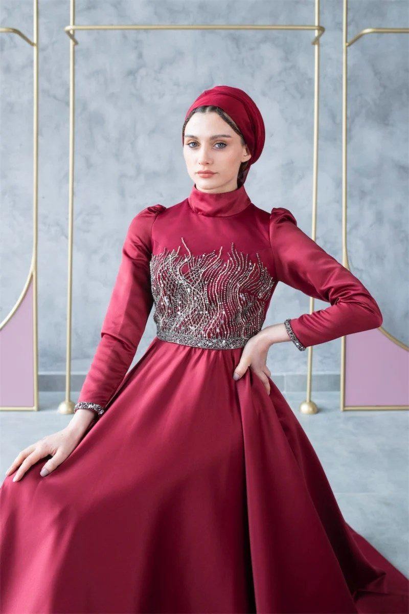 Pera Hijab Evening Dress - Claret Red