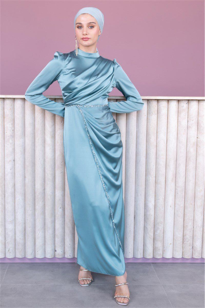 Elif Satin Hijab Evening Dress - Mint