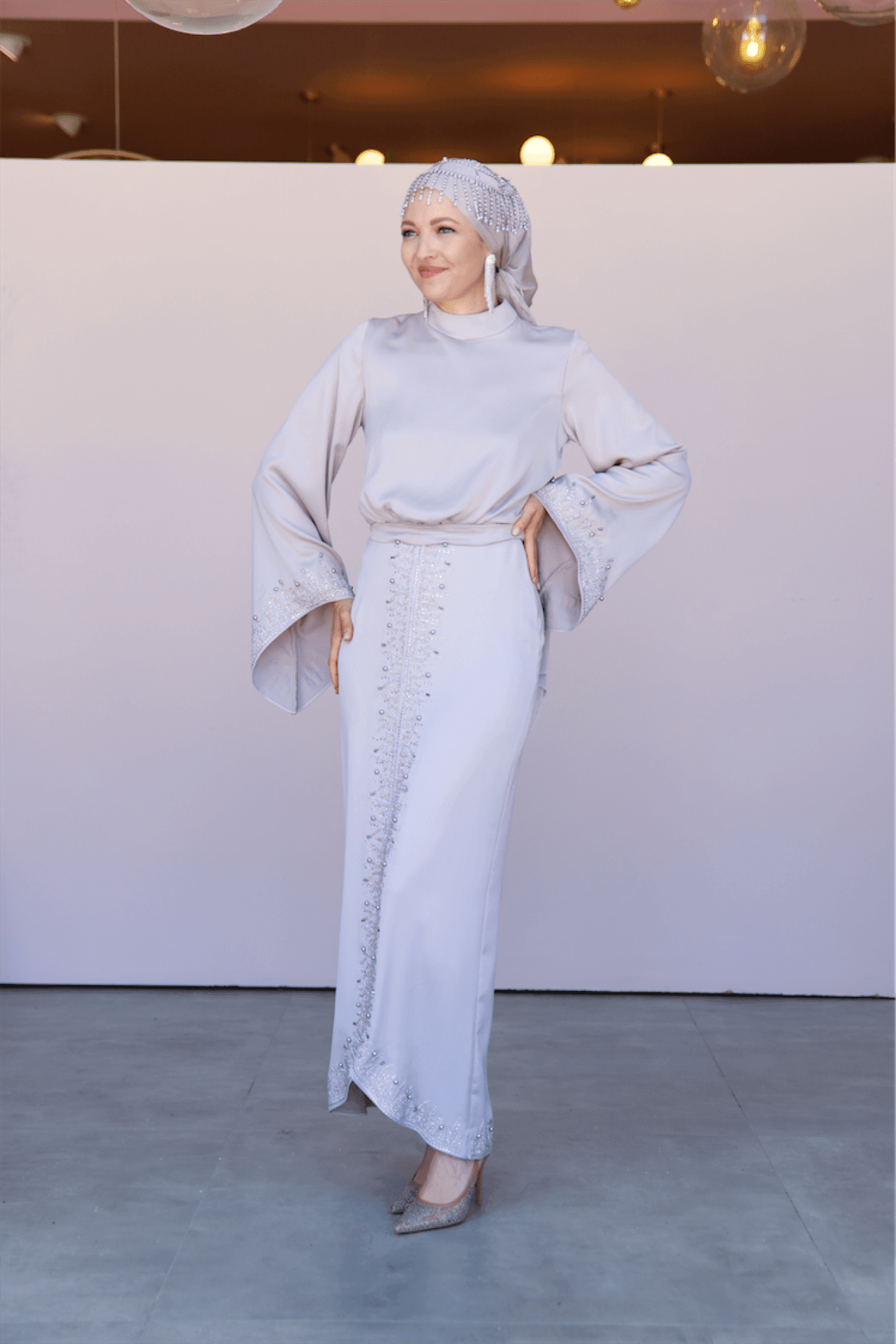 Thai Hijab Evening Dress - Stone