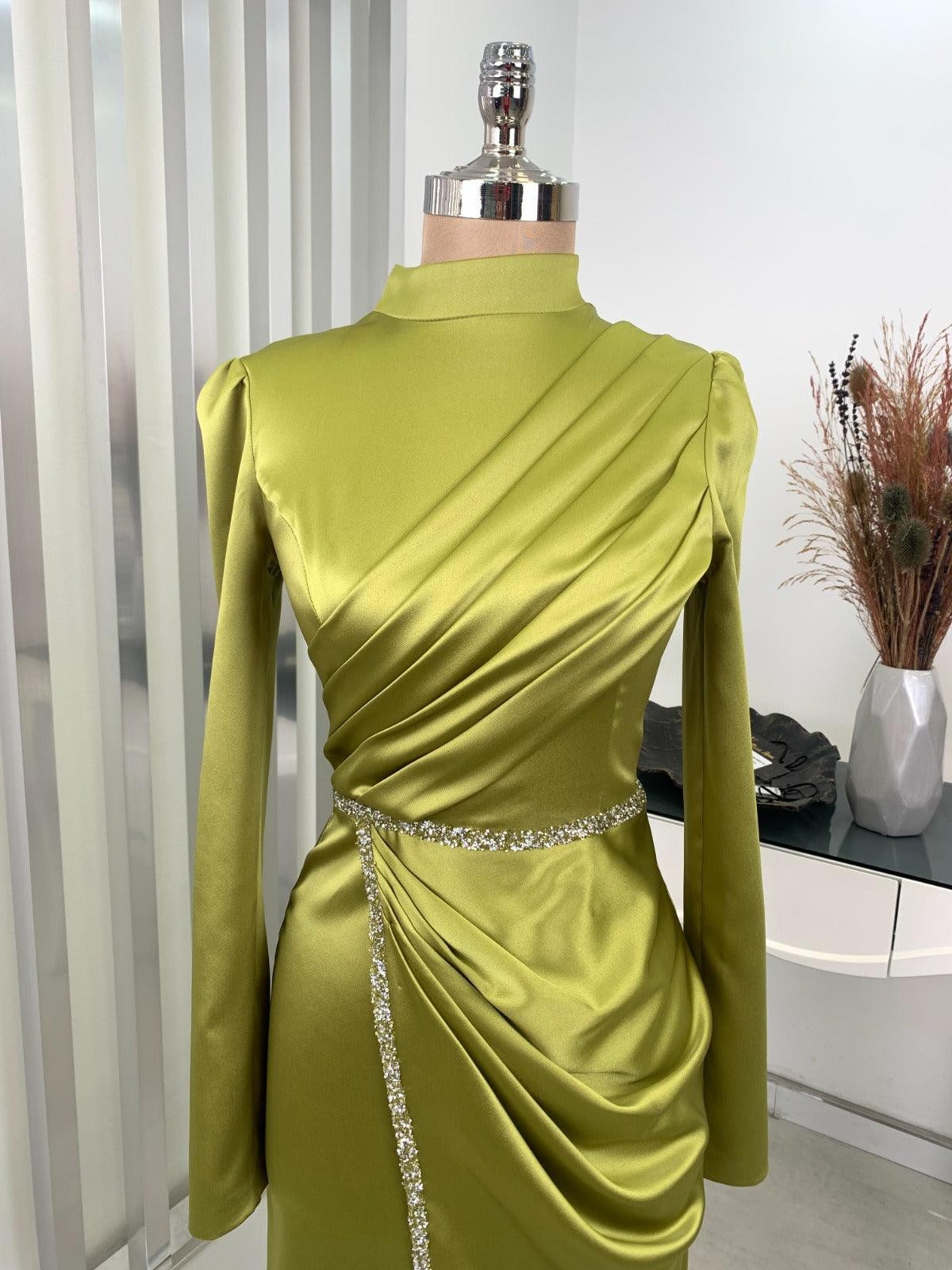 Elif Satin Hijab Evening Dress - Oil green