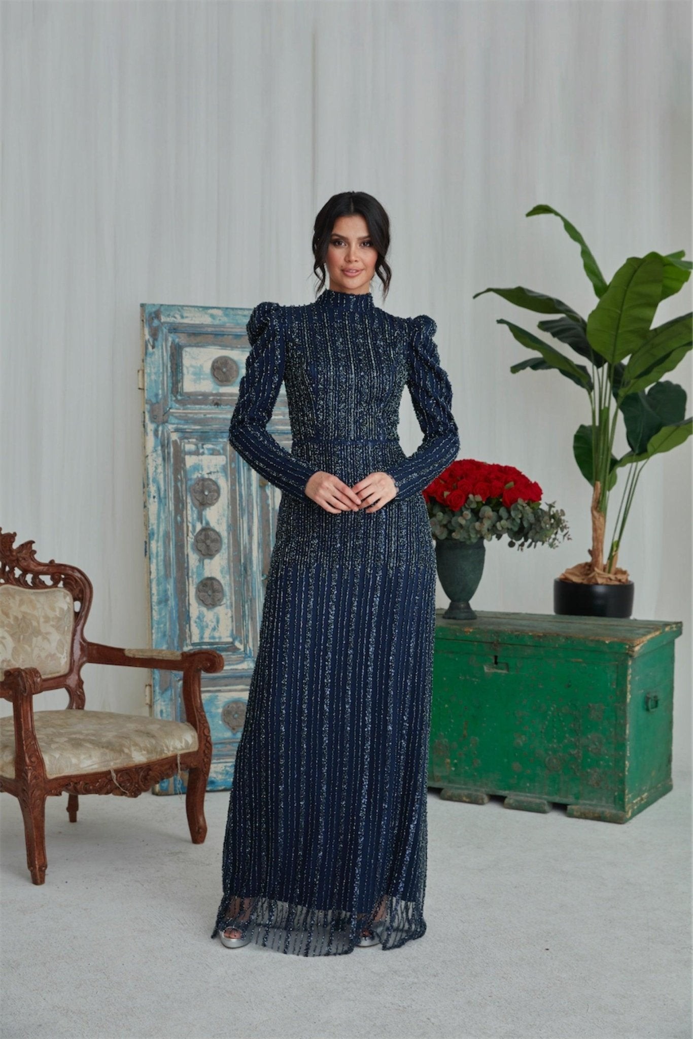 Karin Hijab Evening Dress - Navy Blue