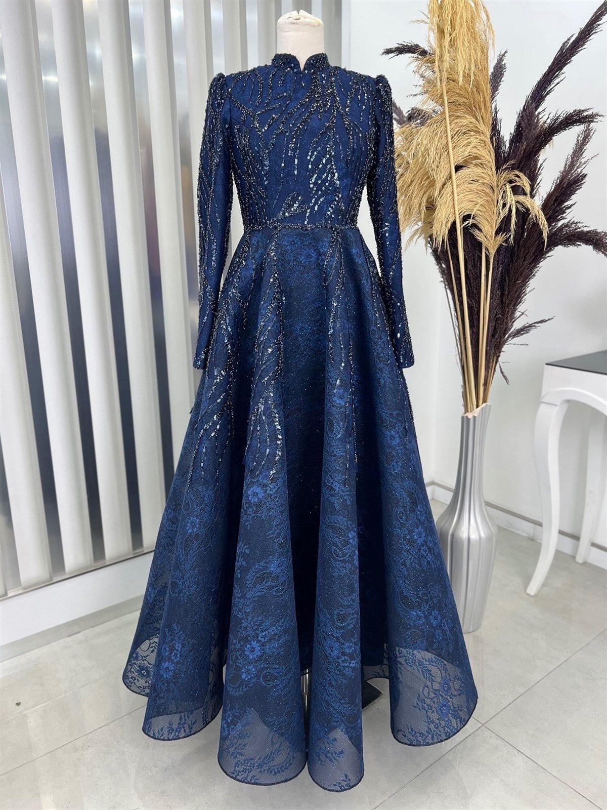 Çırağan Hijab Evening Dress - Navy Blue