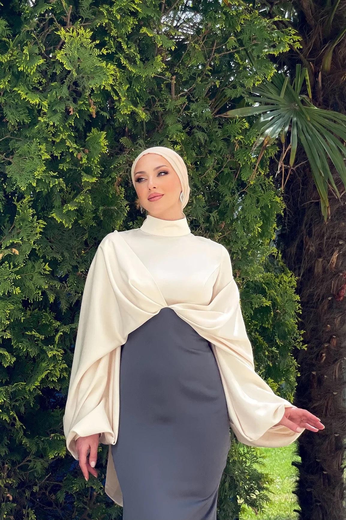 Serra Hijab Evening Dress - Cream & Anthracite