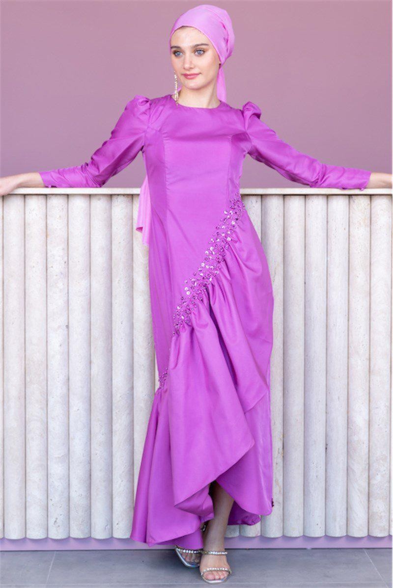 Taffeta Hijab Evening Dress - Fuchsia