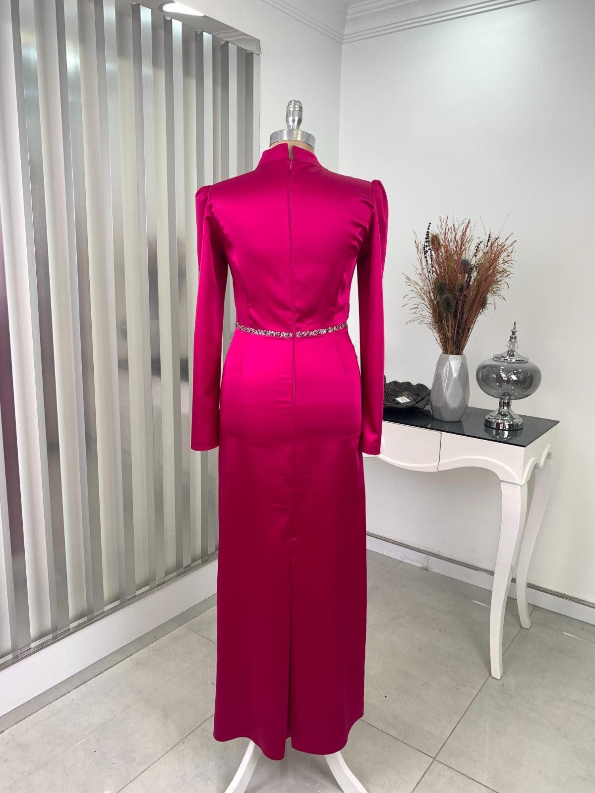 Elif Satin Hijab Evening Dress - Fuchsia