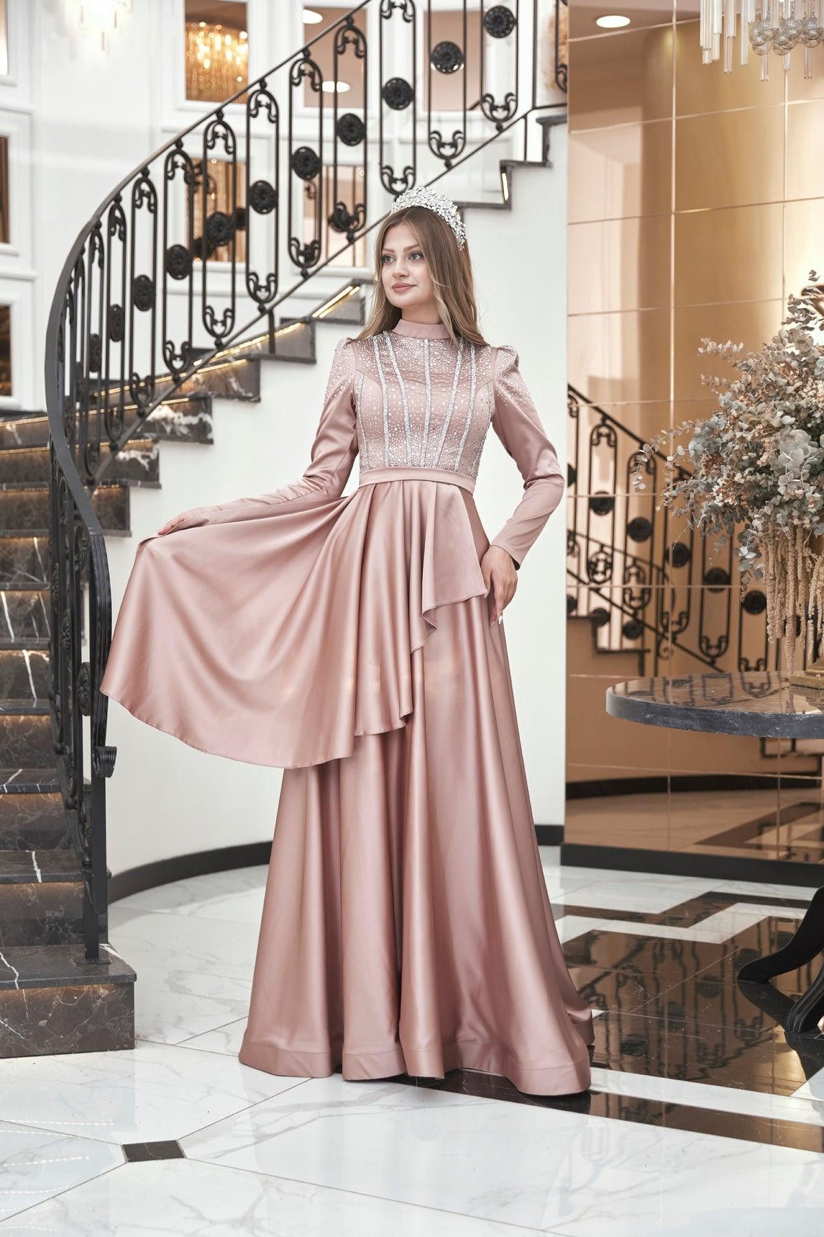 Fiona Hijab Evening Dress - Powder