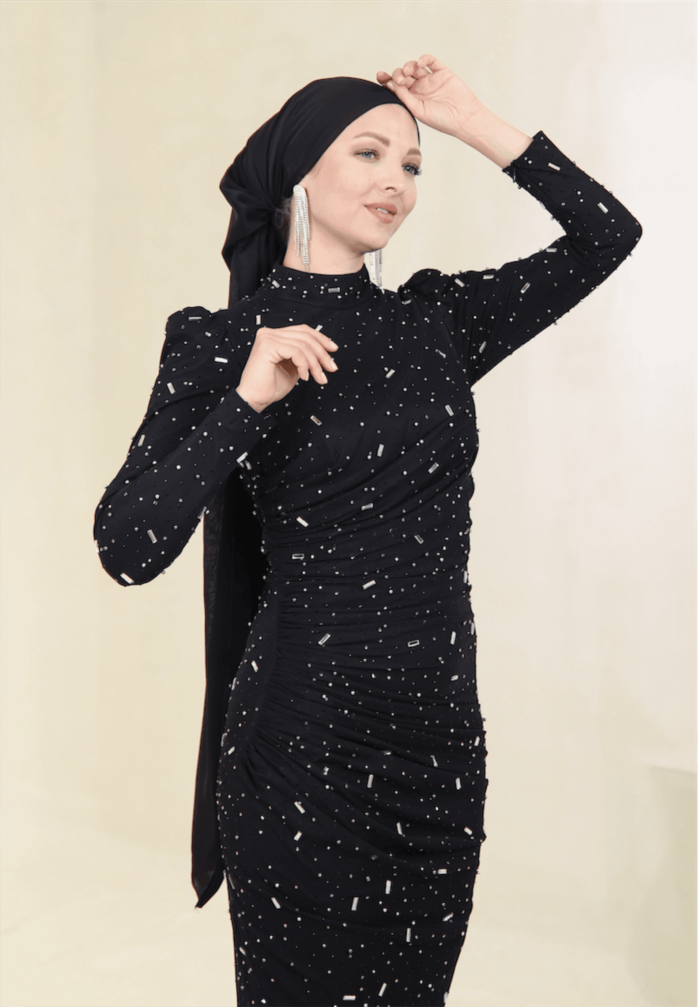 Stone Hijab Evening Dress - Black - Black