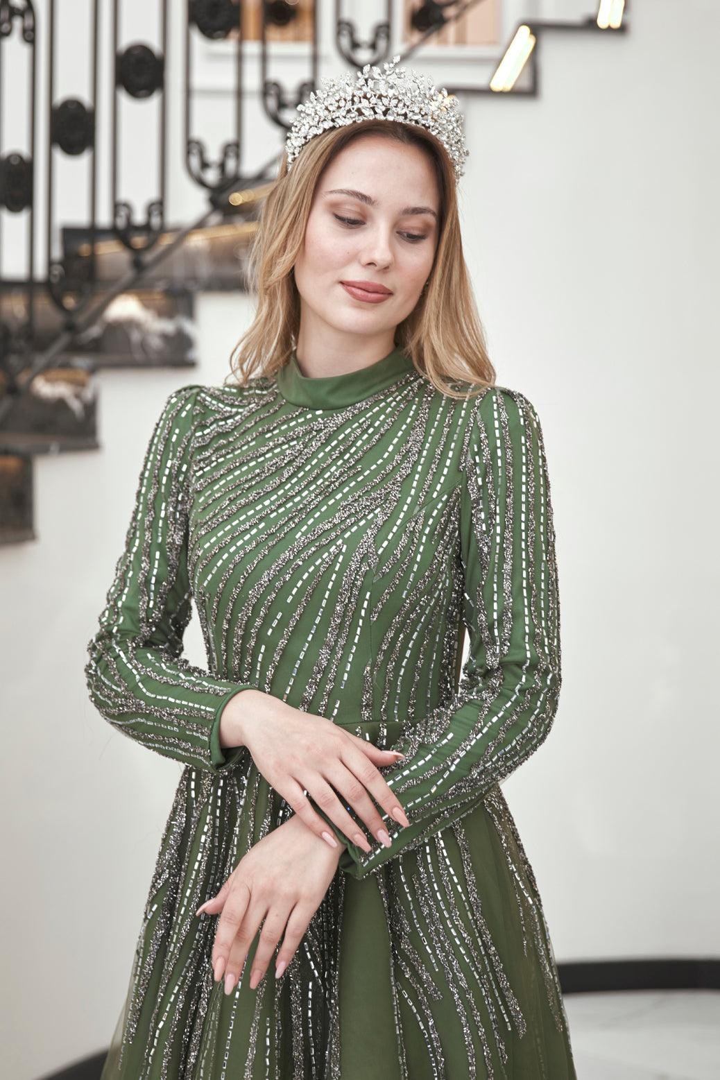 Anna Midi Stoned Hijab Evening Dress Khaki