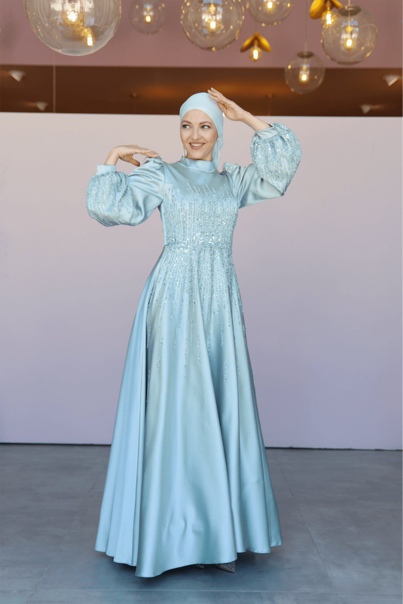 Water Hijab Evening Dress - Water Green