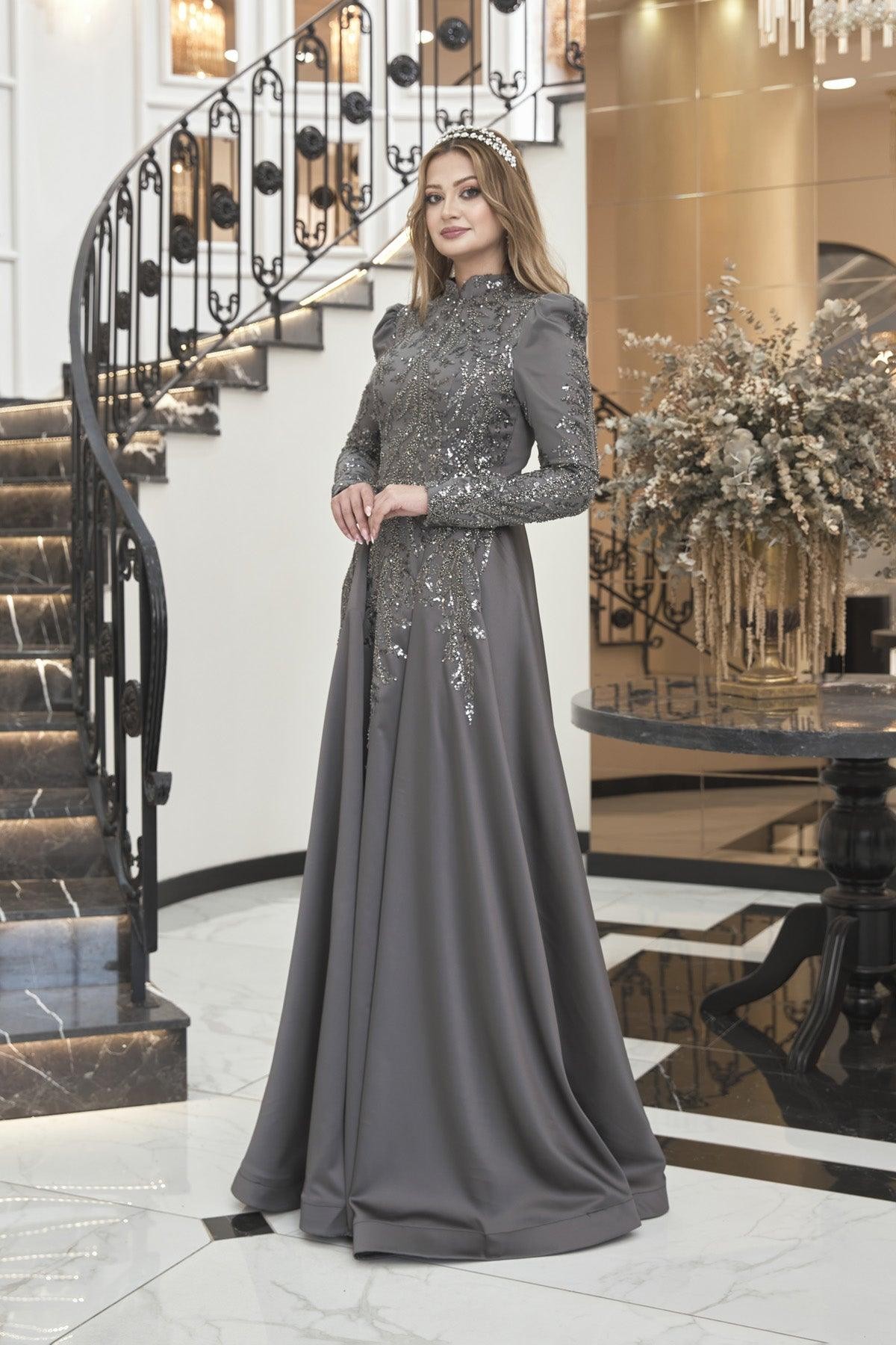 Berrak Hijab Evening Dress - Gray