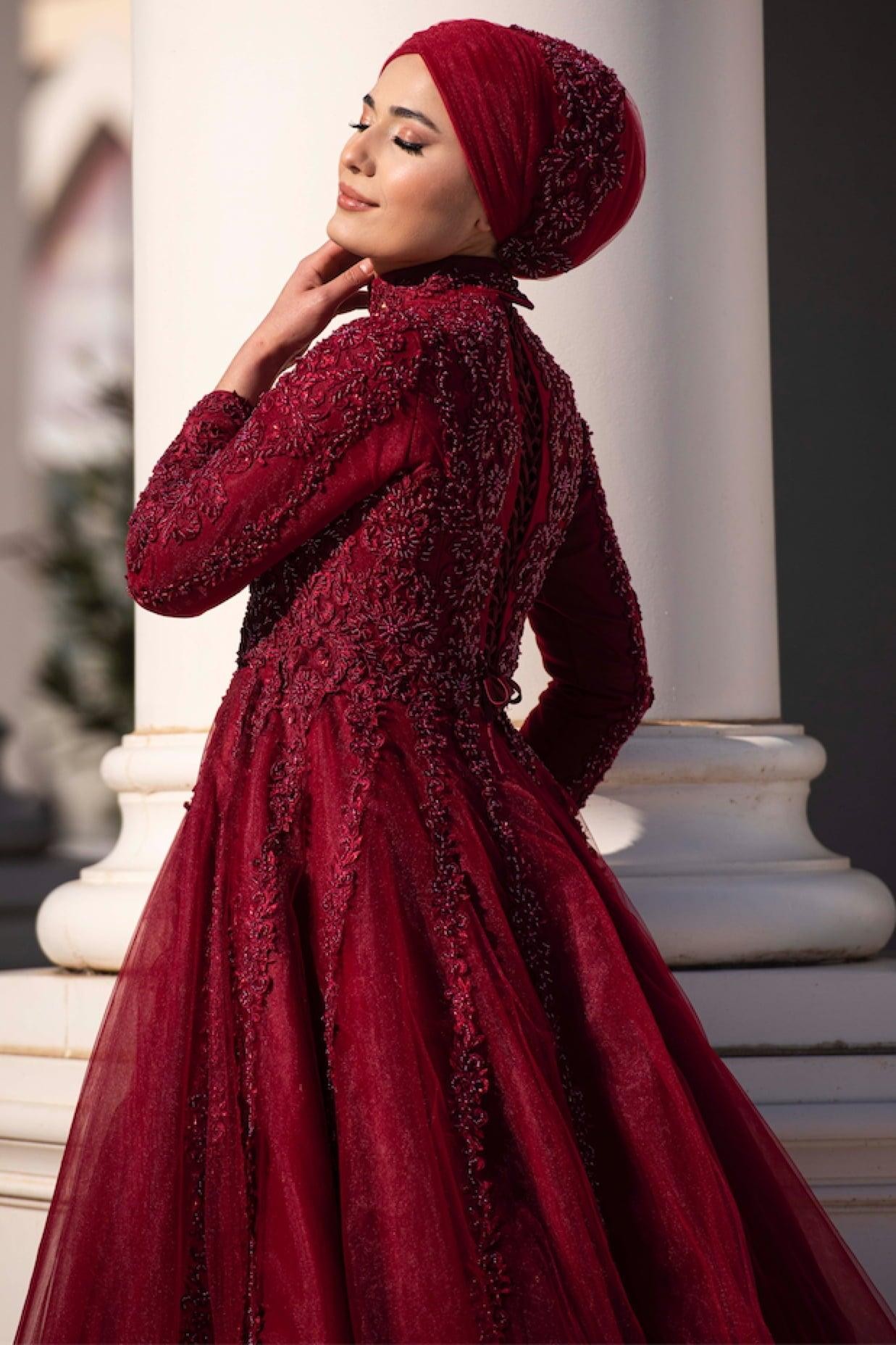 Siena Hijab Evening Dress - Claret Red