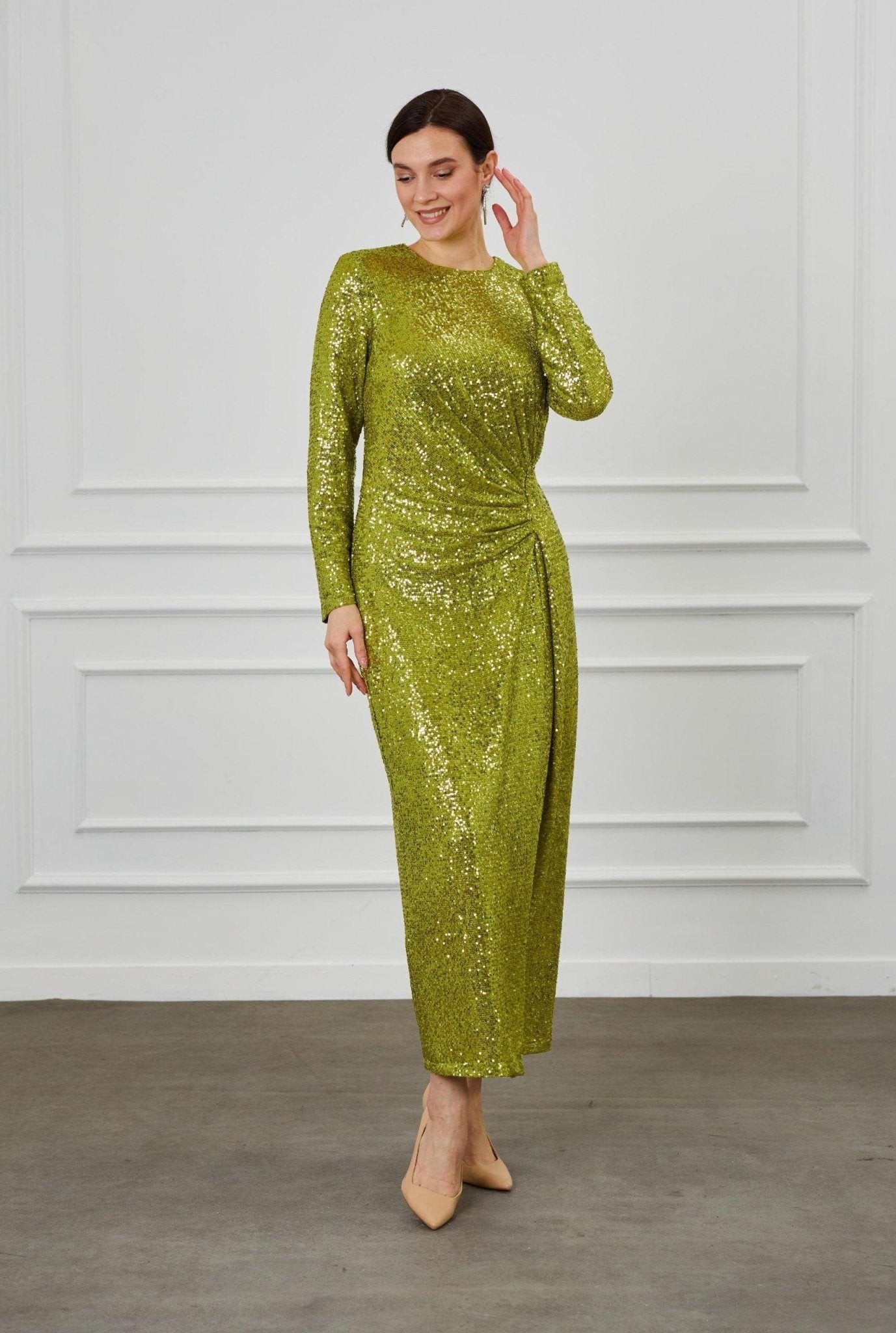 Oil Green Sequined Gather Detail Hijab Dress