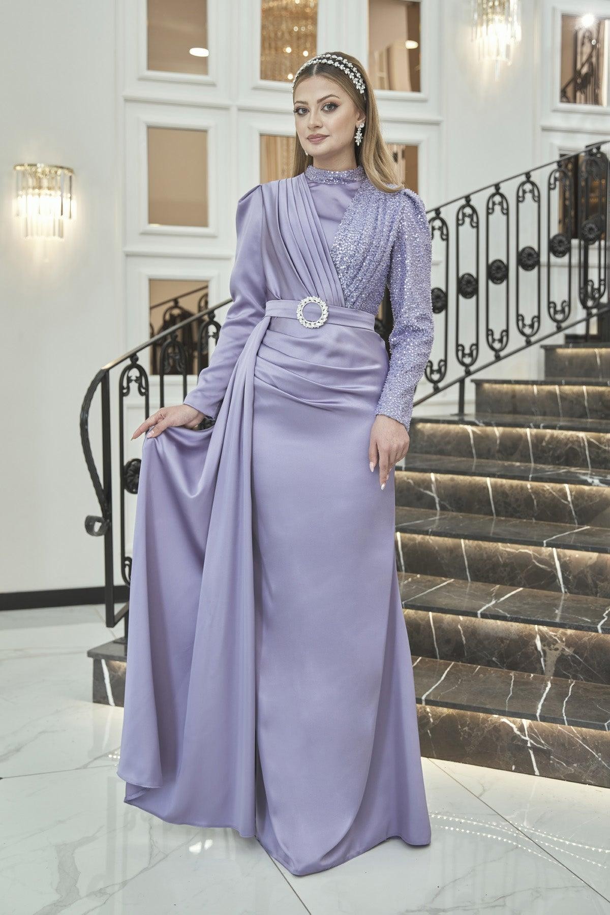 Silk Hijab Evening Dress - Lilac