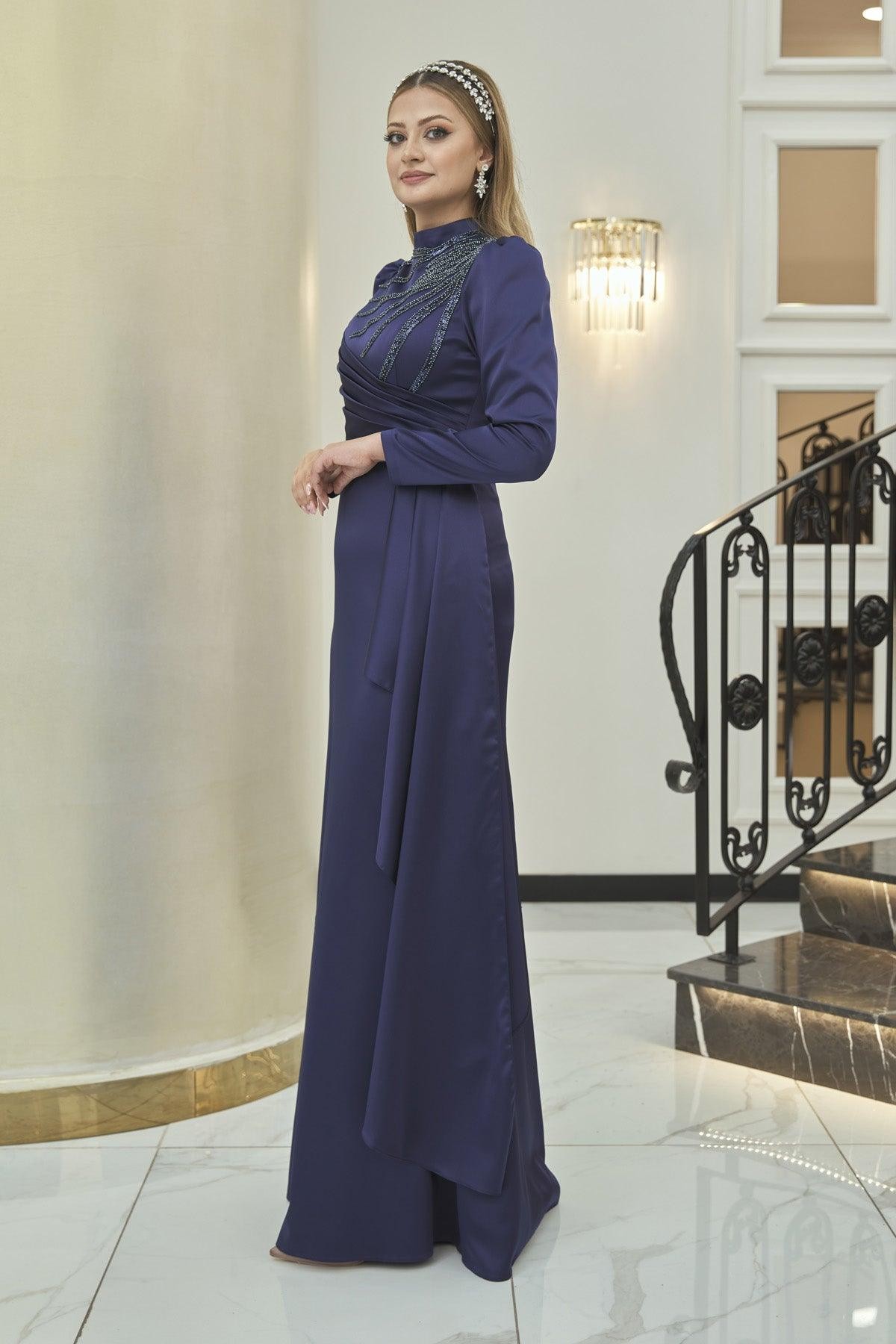 Sırma Hijab Evening Dress - Navy Blue
