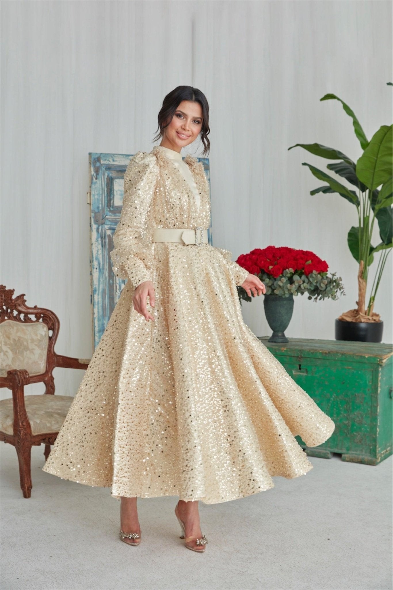 Blumen Hijab Abendkleid – Gold