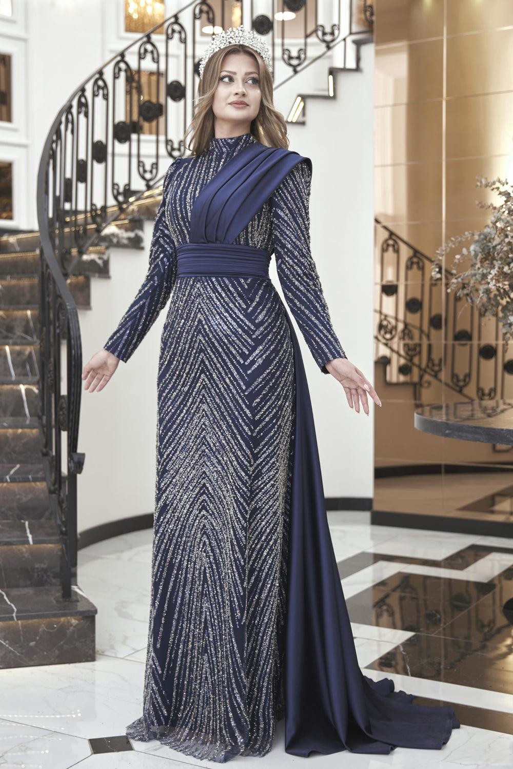 Deep Hijab Evening Dress - Navy Blue