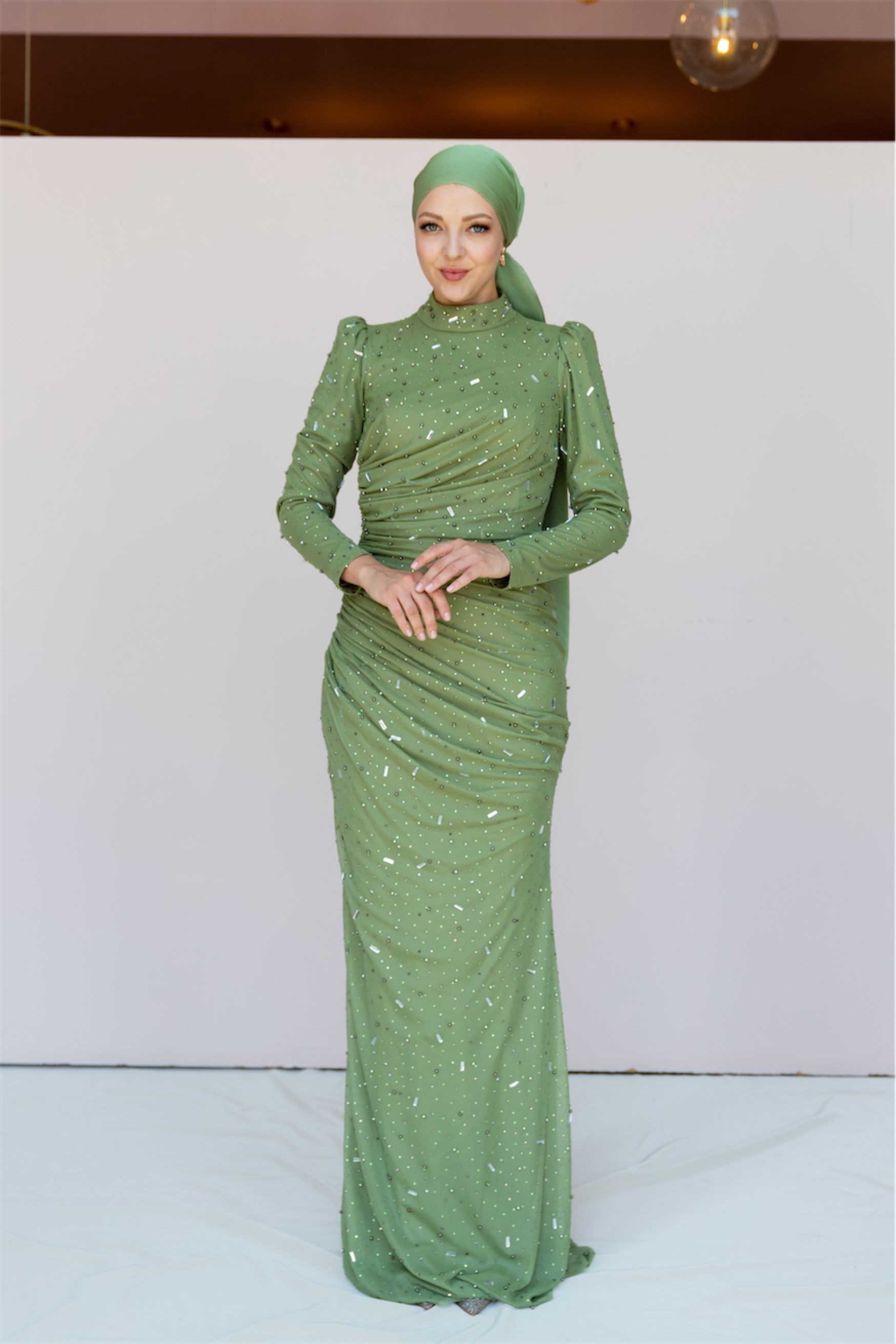 Stone Hijab Evening Dress - Black - Green