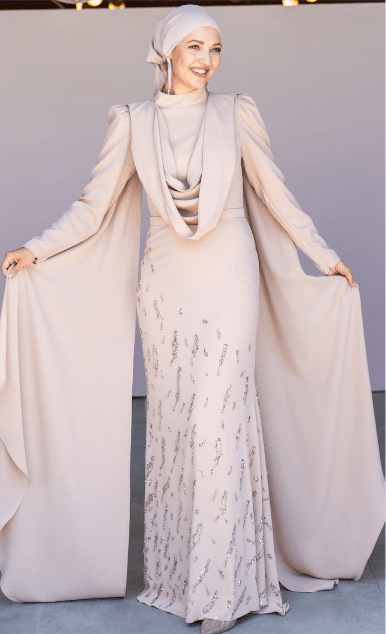 Lace Collar Hijab Evening Dress with Shawl - Cream