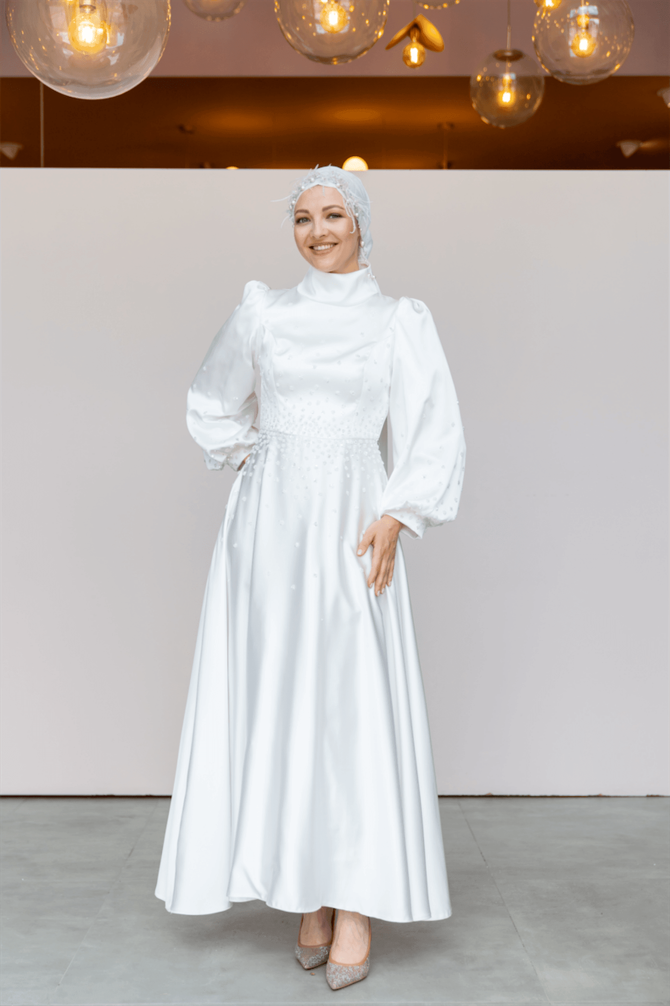 Neck Hijab Evening Dress - White