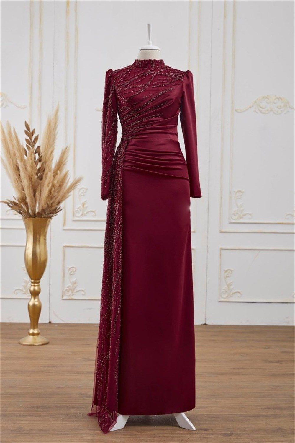 Güneş Hijab Evening Dress - Claret Red