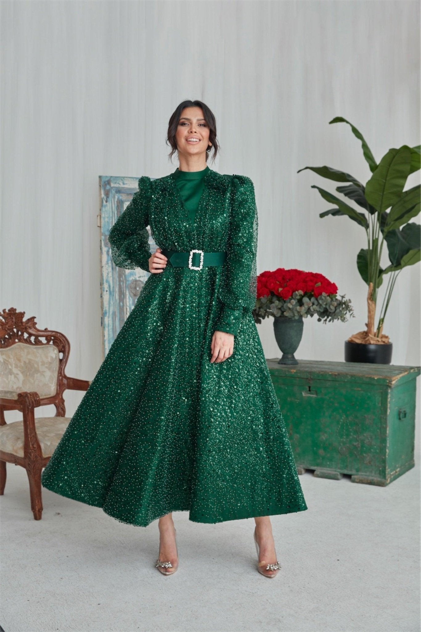 Blumen Hijab Abendkleid – Smaragd