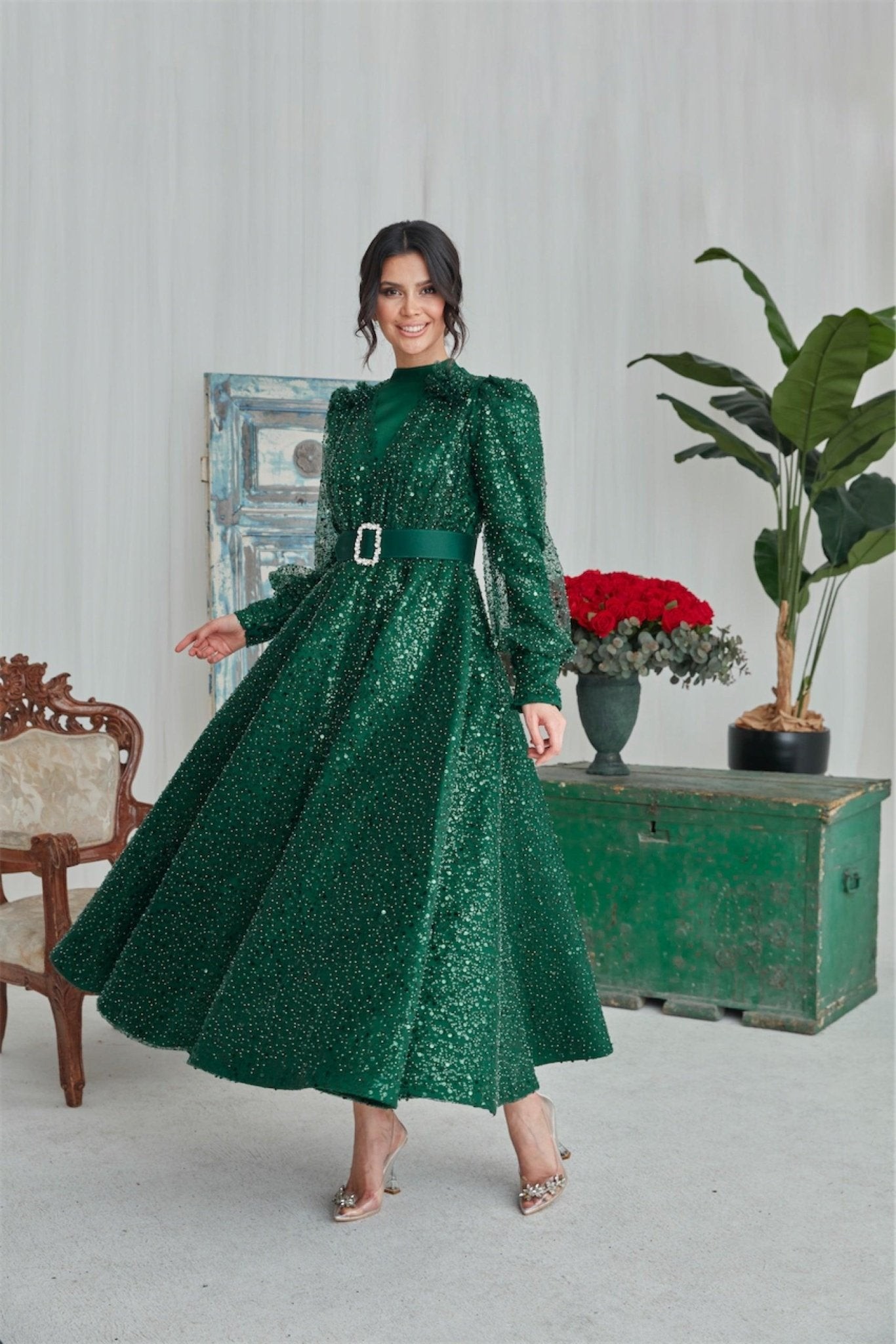 Flowers Hijab Evening Dress - Emerald
