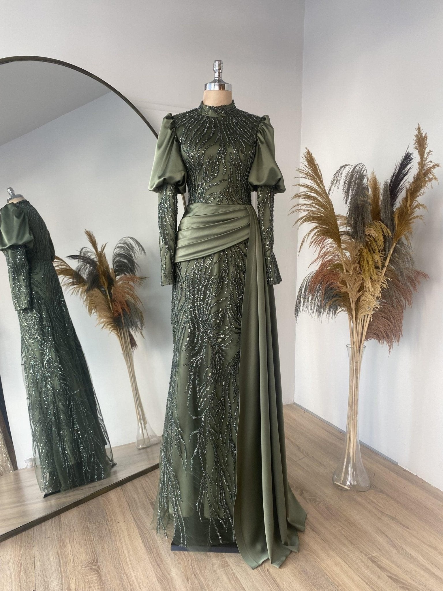 Elena Hijab Evening Dress - Khaki
