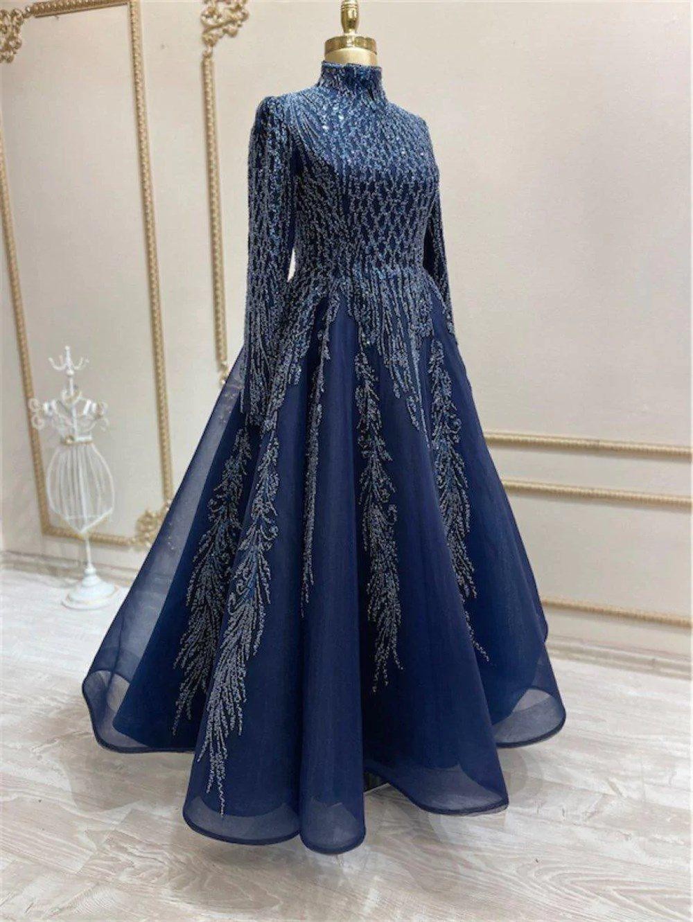 Cute Hijab Evening Dress - Navy Blue