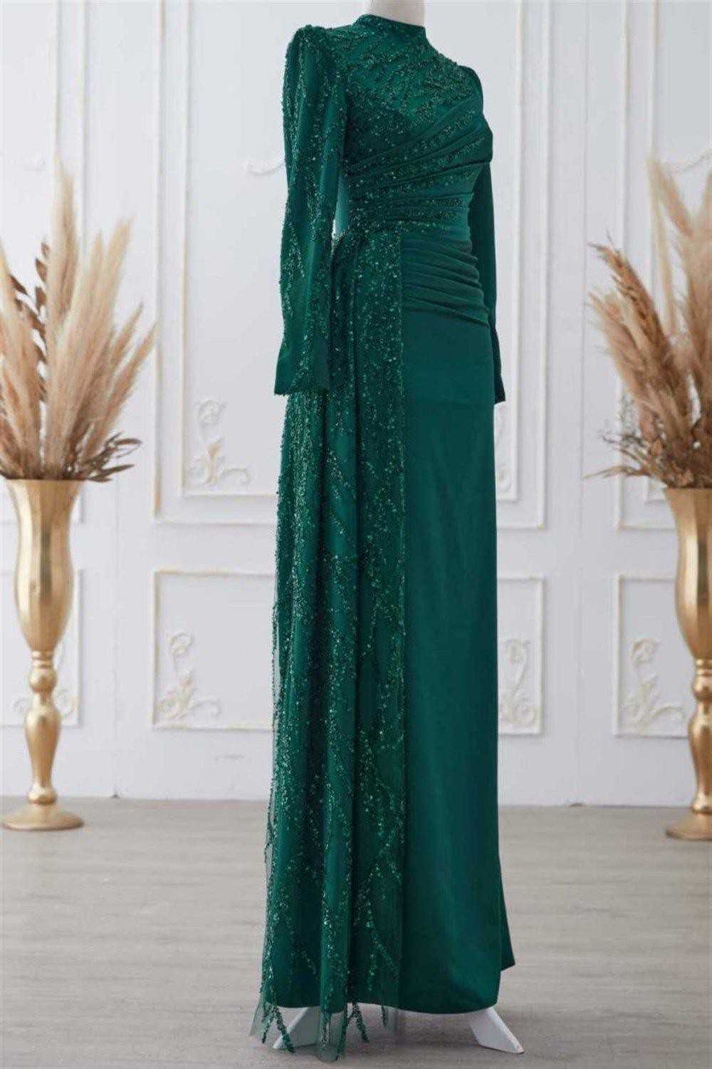 Güneş Hijab Evening Dress - Emerald