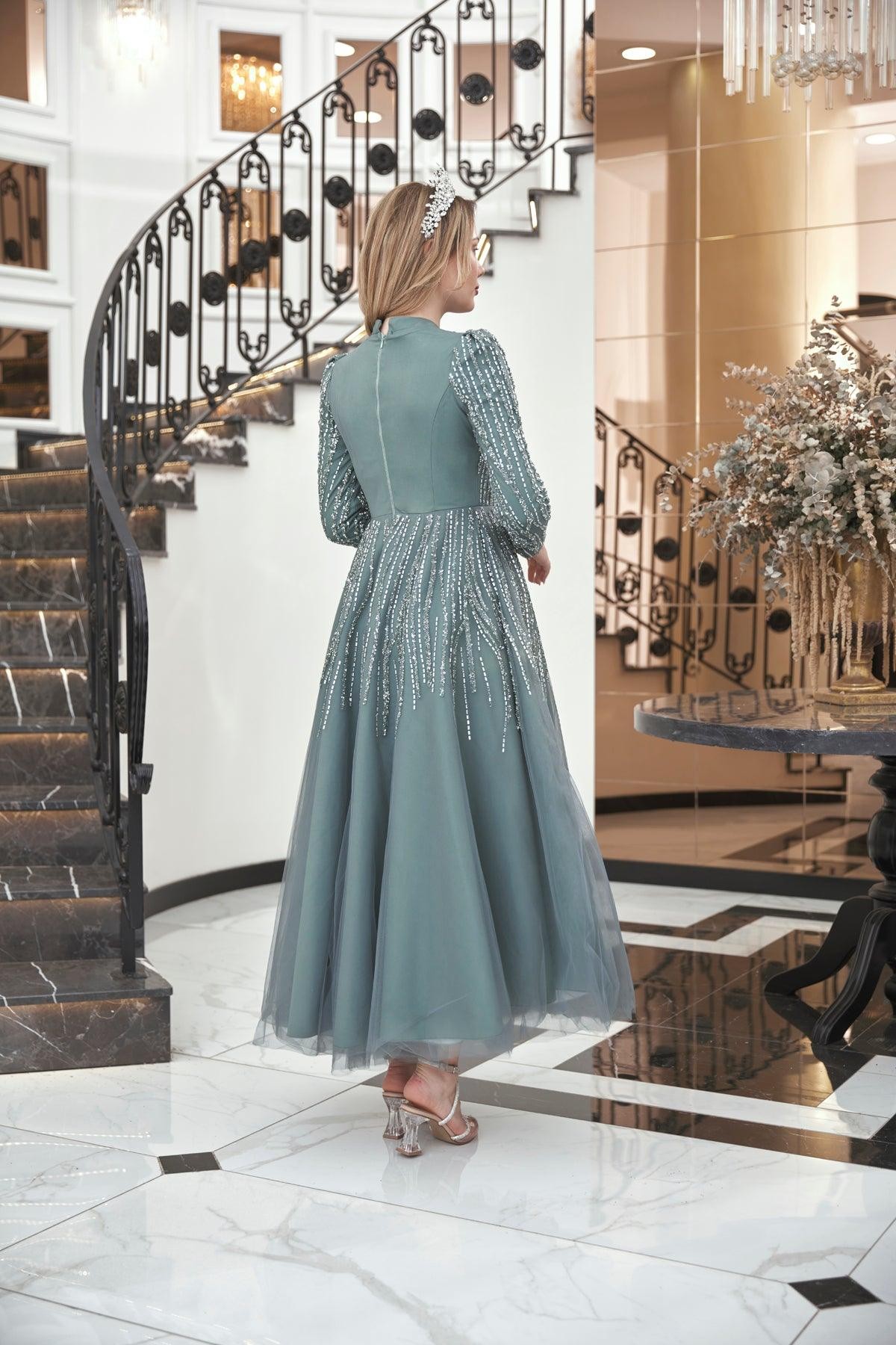 Anna Midi Stoned Hijab Evening Dress Mint