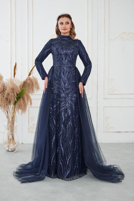 Liva Hijab Evening Dress - Navy Blue