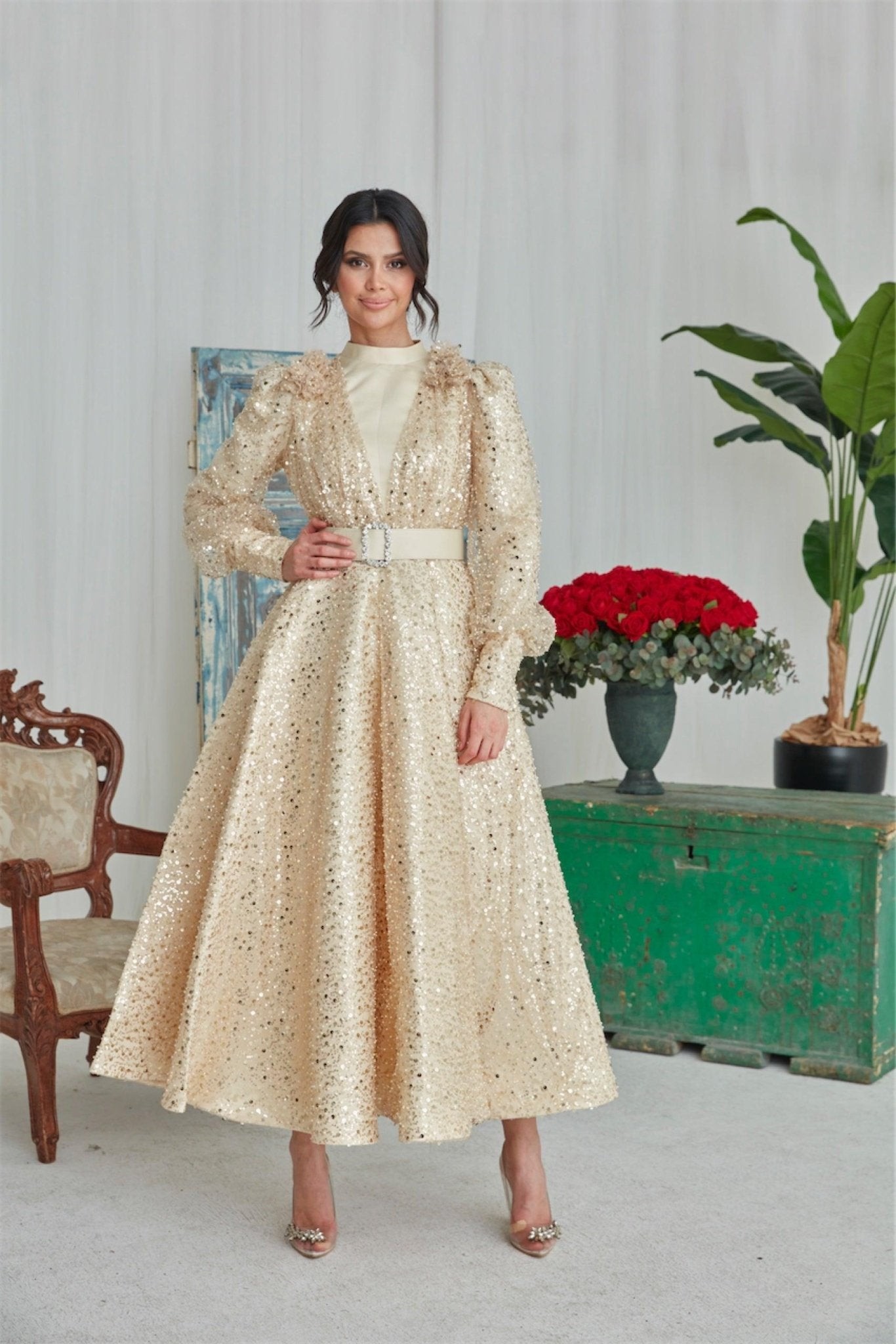 Blumen Hijab Abendkleid – Gold