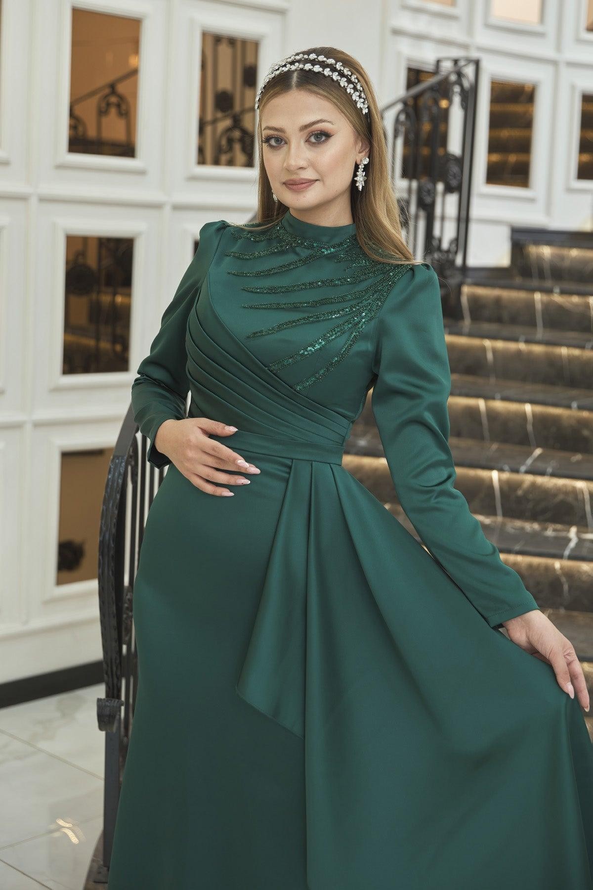 Sırma Hijab Evening Dress - Emerald