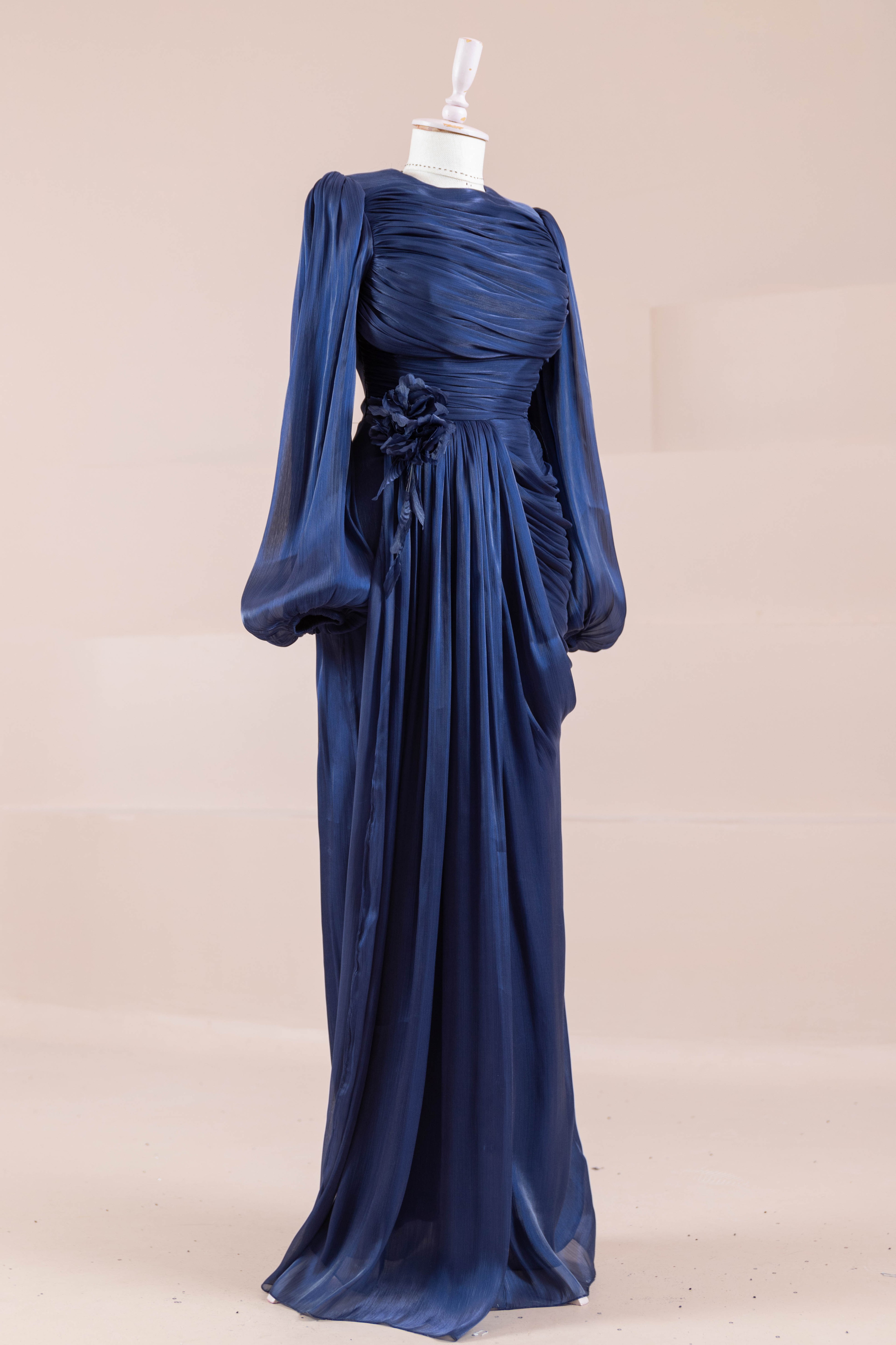 Çiçekli Lotus Tesettür Abiye - Navy Blue