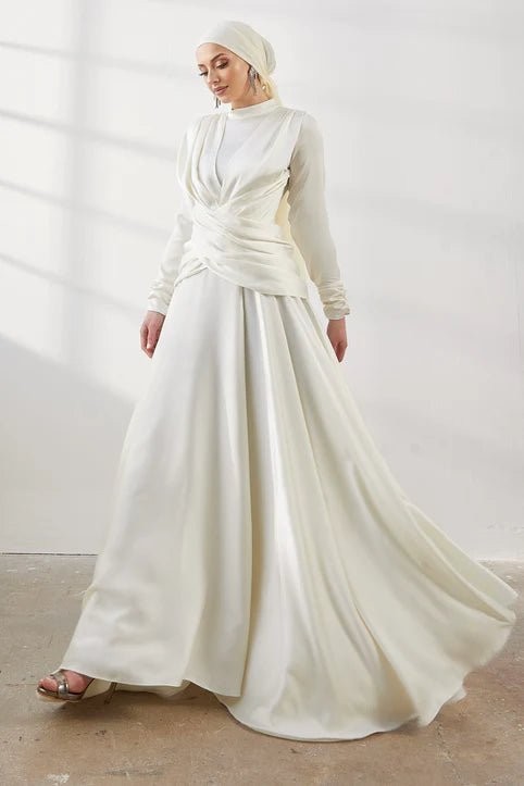 Şule Hijab Evening Dress - Ecru