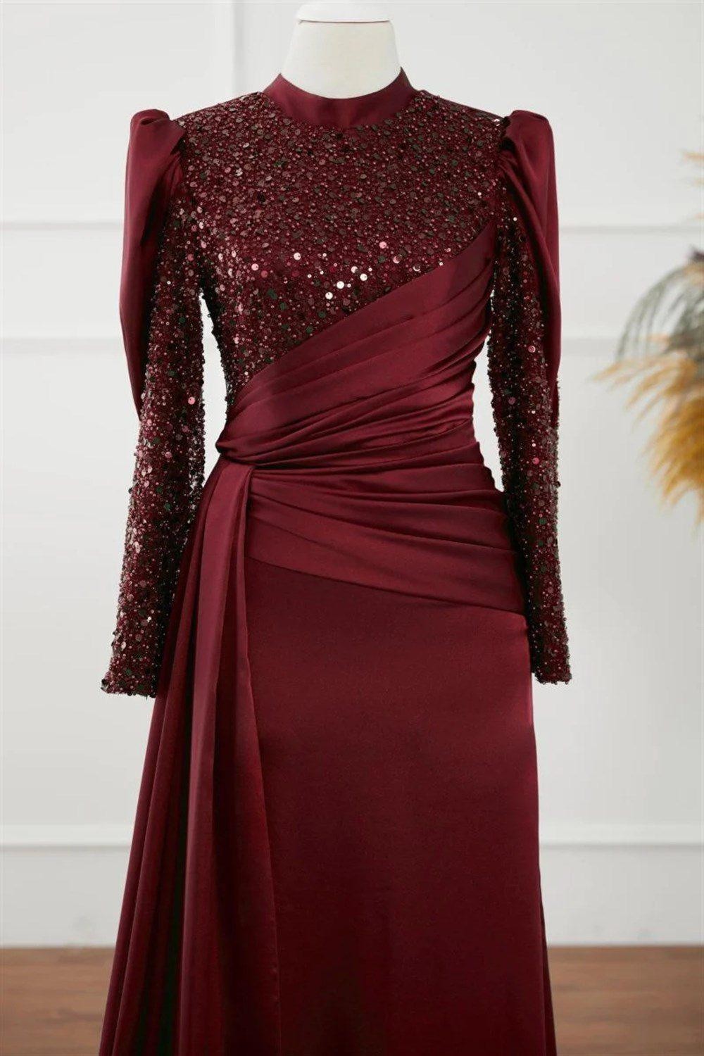 Karel Hijab Evening Dress - Claret Red