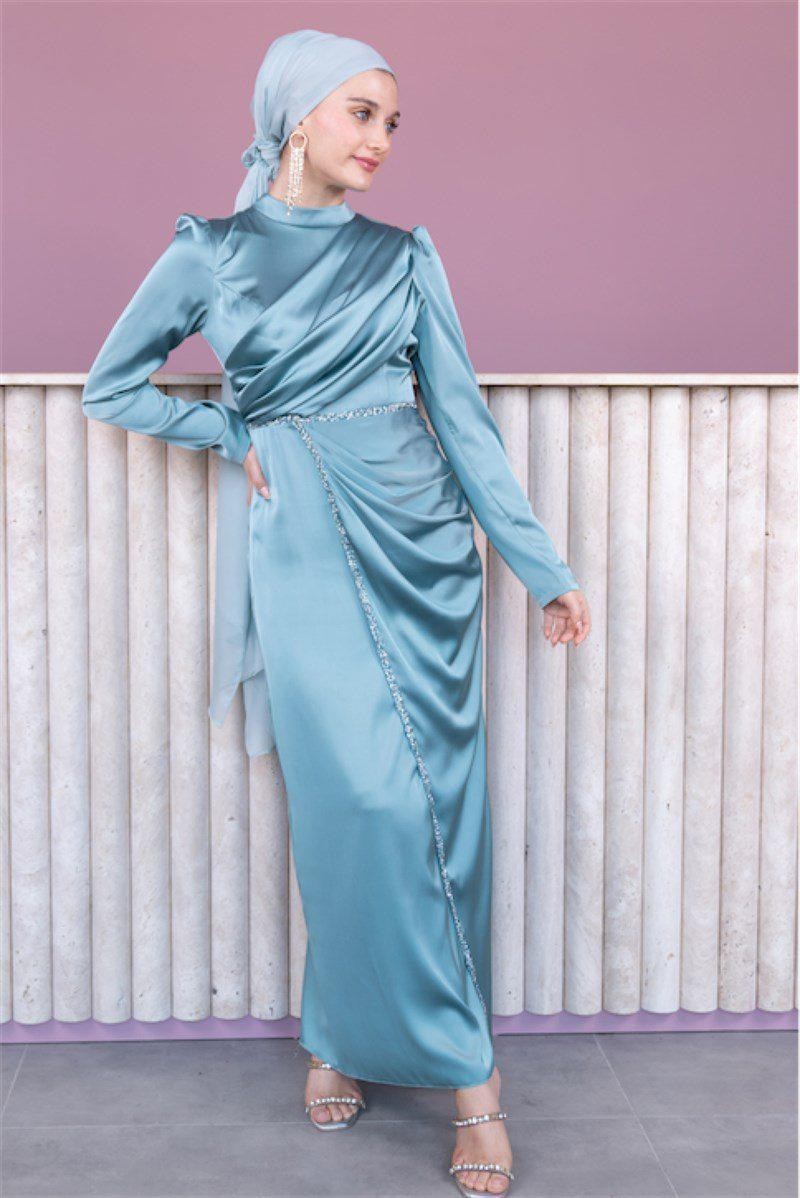 Elif Satin Hijab Evening Dress - Mint